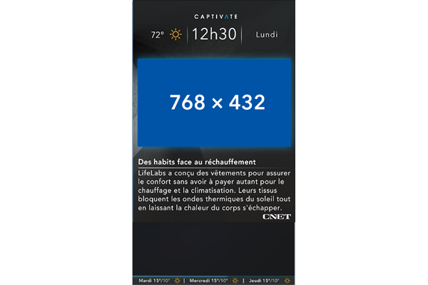 Weather app interface showing 22°C and a message in French about energy-saving tips to manage heating and air conditioning.