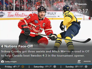 Hockey players from Canada and Sweden competing on ice during an intense tournament match.
