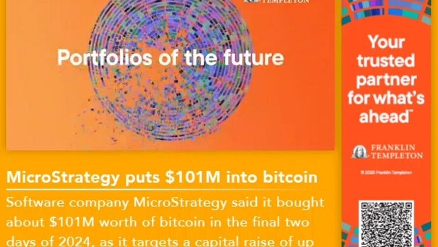 Colorful globe with text discussing a $101M bitcoin investment strategy and QR code on an orange background.