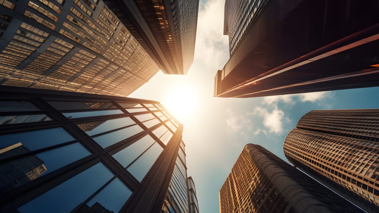Skyscrapers viewed from below, with sun shining between the buildings and a partly cloudy sky above.