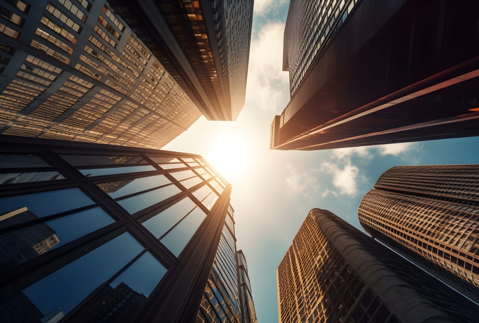 Skyscrapers viewed from below, with sun shining between the buildings and a partly cloudy sky above.