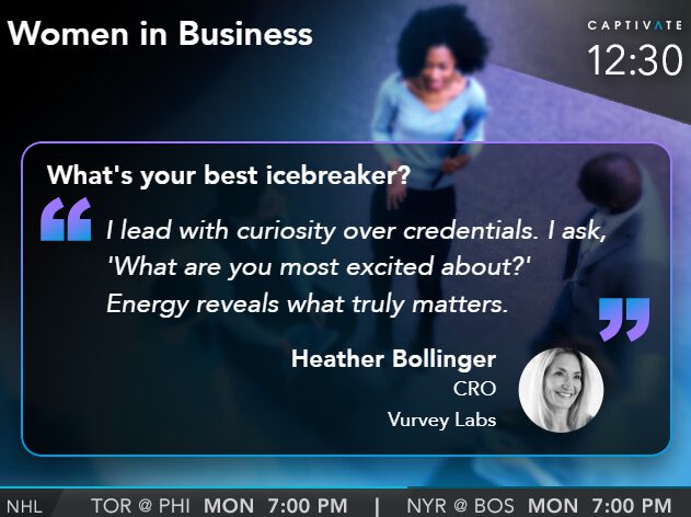 Women in Business event slide featuring a quote about leading with curiosity and a photo of a speaker at the event.