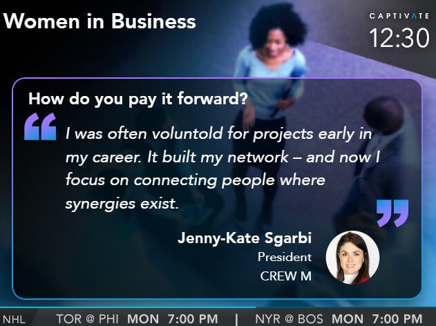 Television screen displays a segment featuring women in business with Jenny-Kate Sgarbi discussing career synergies.