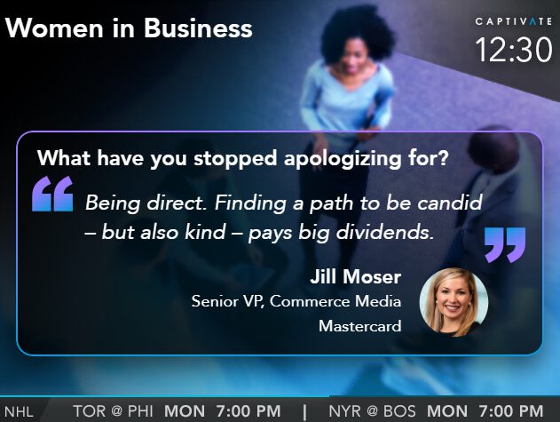 Women in Business event slide with quote about being direct and kind, by a Senior VP at Mastercard.