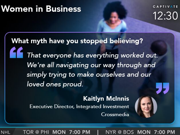 Television screen shows program on women in business featuring a quote and a woman presenter.