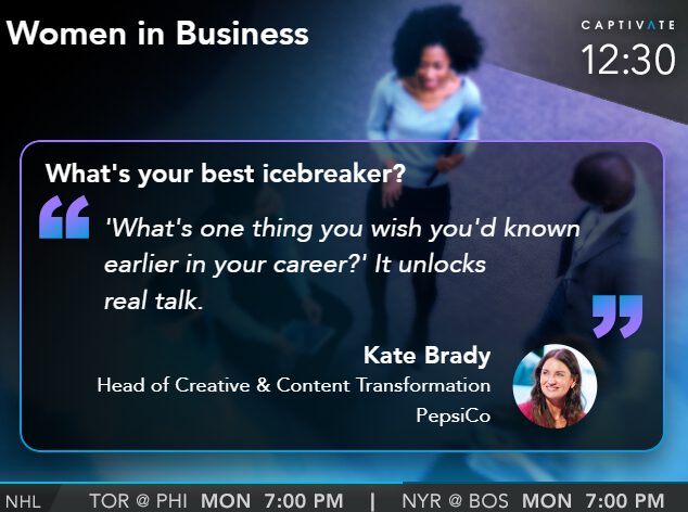 Women in Business screen displaying a career icebreaker question and image of a woman speaking.
