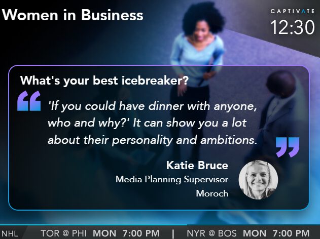 Slide displaying icebreaker question and portrait of a person, with text about the significance of dinner conversations.