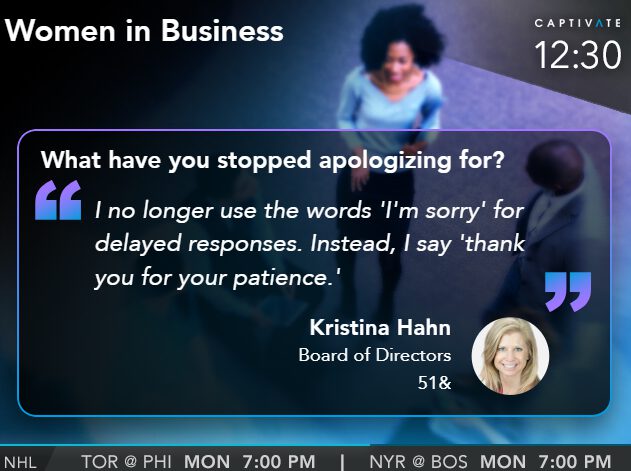 Woman on stage speaking; text about replacing "I'm sorry" with gratitude for patience; name and role mentioned.