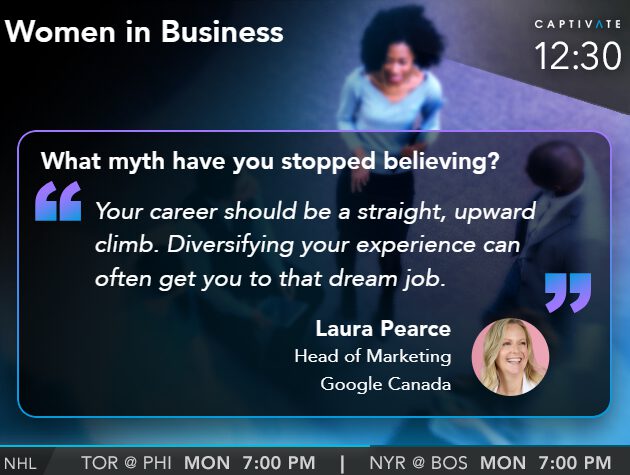 Television screen displaying a quote and image of a woman discussing career development and myths in business.