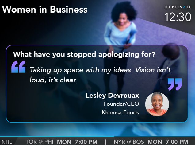 Close-up of a TV screen displaying a quote about stopping apologies, featuring a woman in white and blue top.