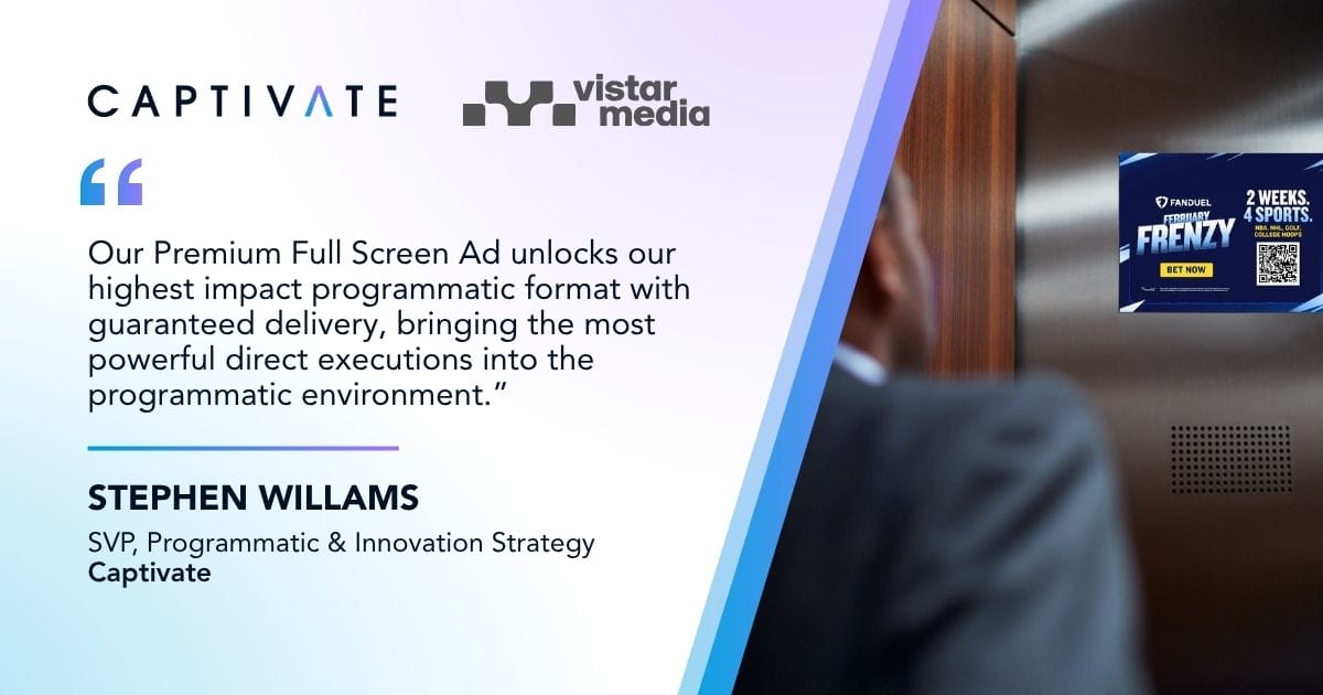 Person reading a digital screen ad promoting a premium full-screen programmatic ad with a quote from Steven Williams.