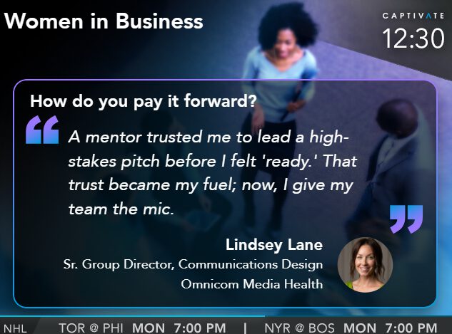 Presentation slide featuring a quote from a woman named Lindsey Lane about leadership and mentorship in business.