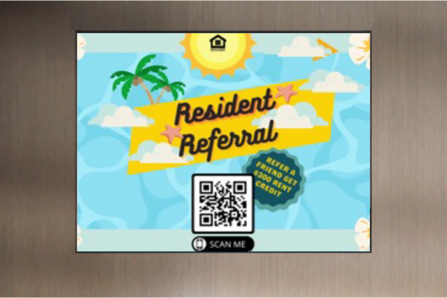 Resident referral flyer with tropical theme, palm trees, clouds, and QR code for entry into prize drawing.