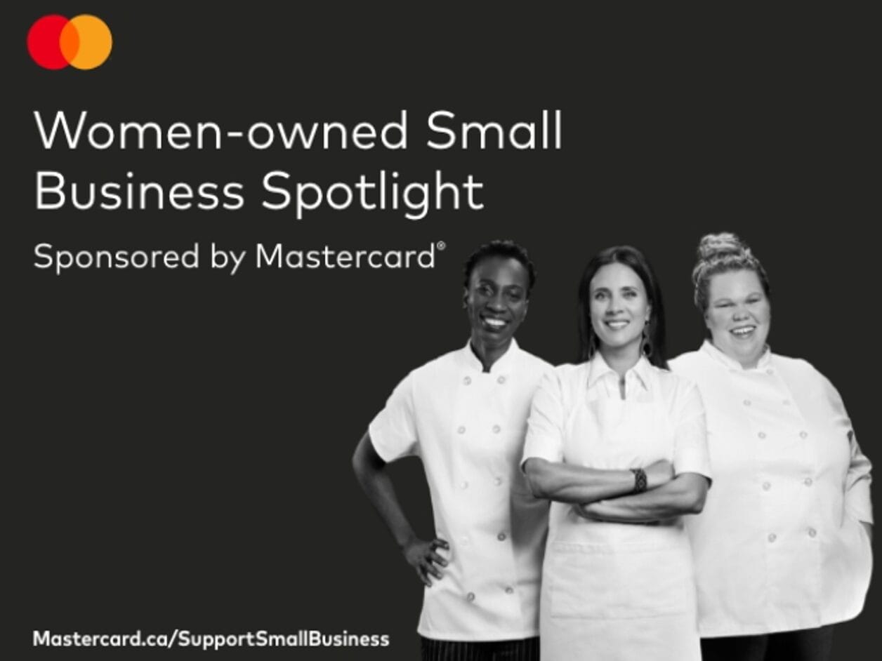 Women-owned small business spotlight sponsored by Mastercard, featuring three smiling professionals in uniforms.