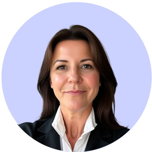 Professional woman in a business suit smiling against a light purple circular background.
