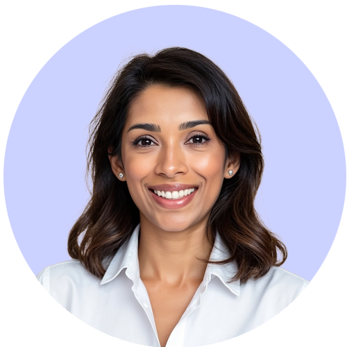Smiling individual with shoulder-length dark hair wearing a white shirt, against a light purple circular background.