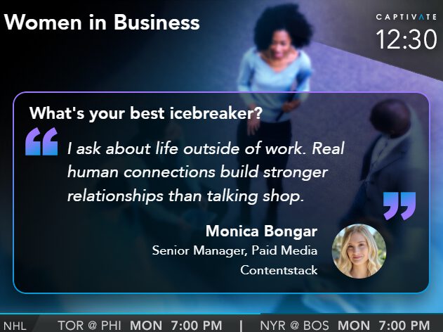 TV screen displaying a woman talking about icebreakers and fostering real human connections in a business context.