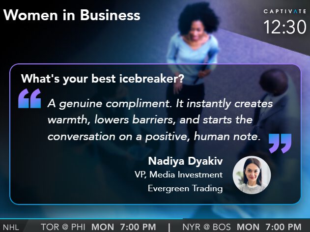 Screenshot of a business interview with a question about icebreakers and a person's response highlighted on screen.