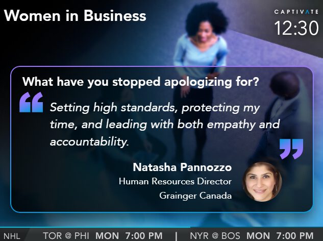 TV screen showing a quote about leadership by Natasha Pannozzo with her photo and text on setting standards and empathy.