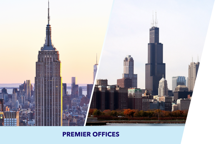Skyline view featuring iconic skyscrapers with "Premier Offices" text overlay.