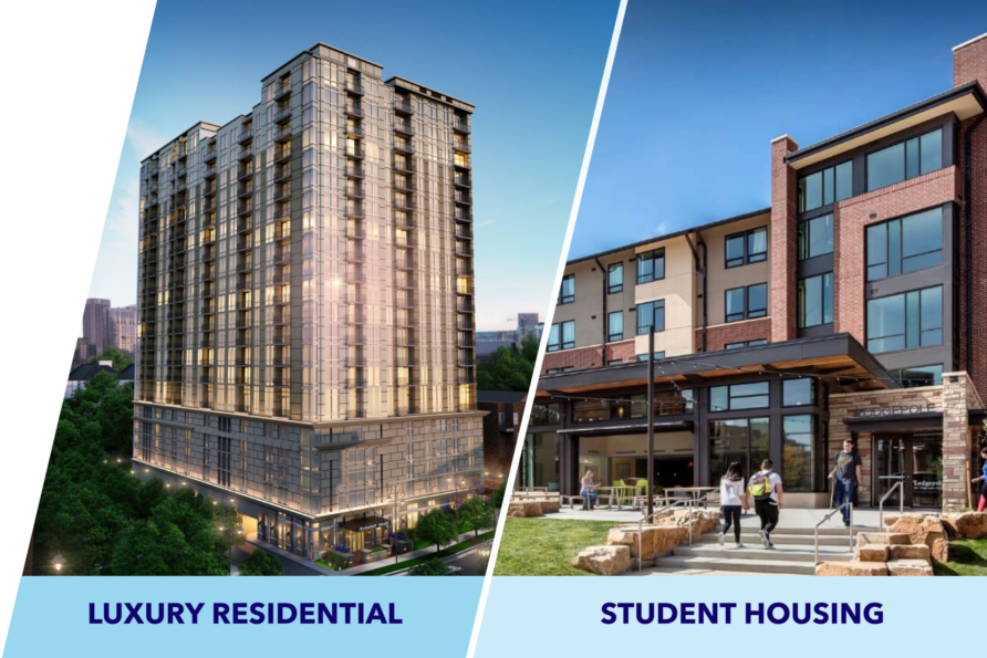 Luxury residential building and student housing with people walking outside in a split-screen image.