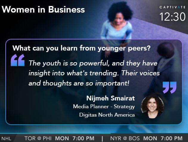 TV screen showing a quote about learning from younger peers by a media planner at Digitas North America.
