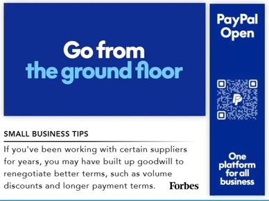 Go from the ground floor text on blue background with business tips and QR code on the side.