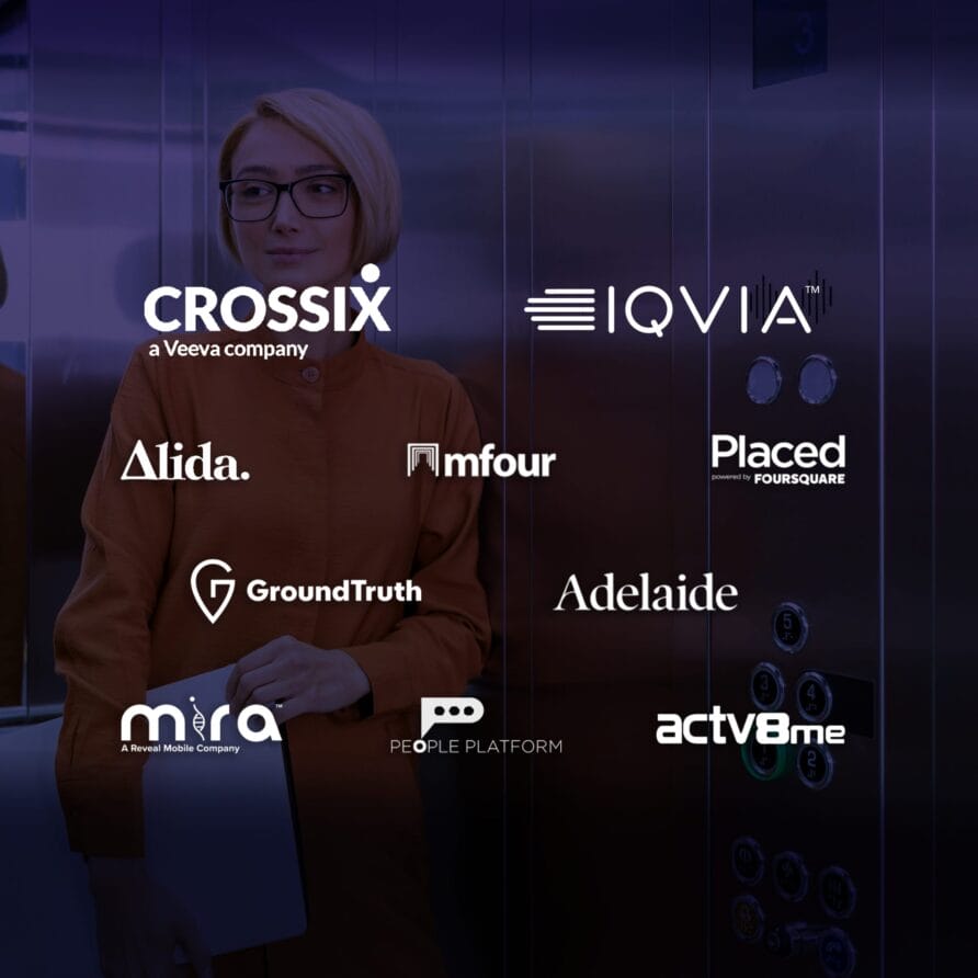 Logos of various companies including Crossix, IQVIA, Akilia, Firmfour, and others displayed on a dark background.