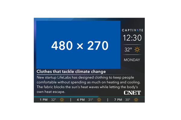 Weather display showing time 12:30 and temperature 32 degrees. News headline on clothing that tackles climate change.