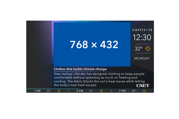 Weather forecast on a news channel with time, temperature, and clothing innovation headline at the bottom.