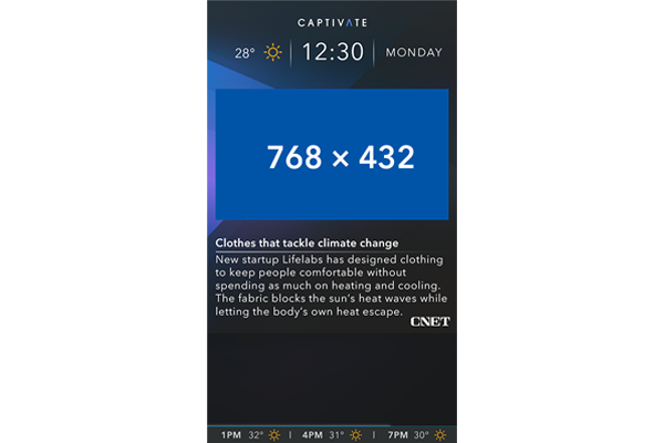 Weather and time display on a digital screen with clothing advertisement below.