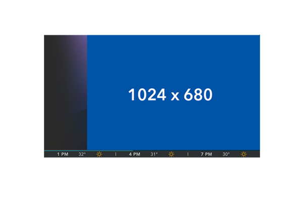 Blue screen displaying the text "1024 x 680" with a date and time bar at the bottom.