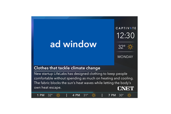 TV screen displaying an advertisement about clothes tackling climate change, temperature shown as 32 degrees.