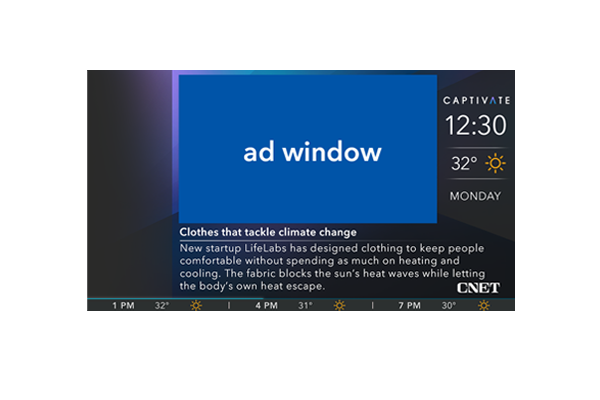 TV screen displaying weather, time, and news headlines with a blue ad window.
