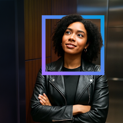Person in a leather jacket standing confidently with arms crossed, colorful square frame highlighting their face.