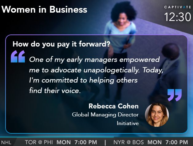 TV screen displaying a quote about empowering advocacy, featuring a female executive and promotional text for a business program.