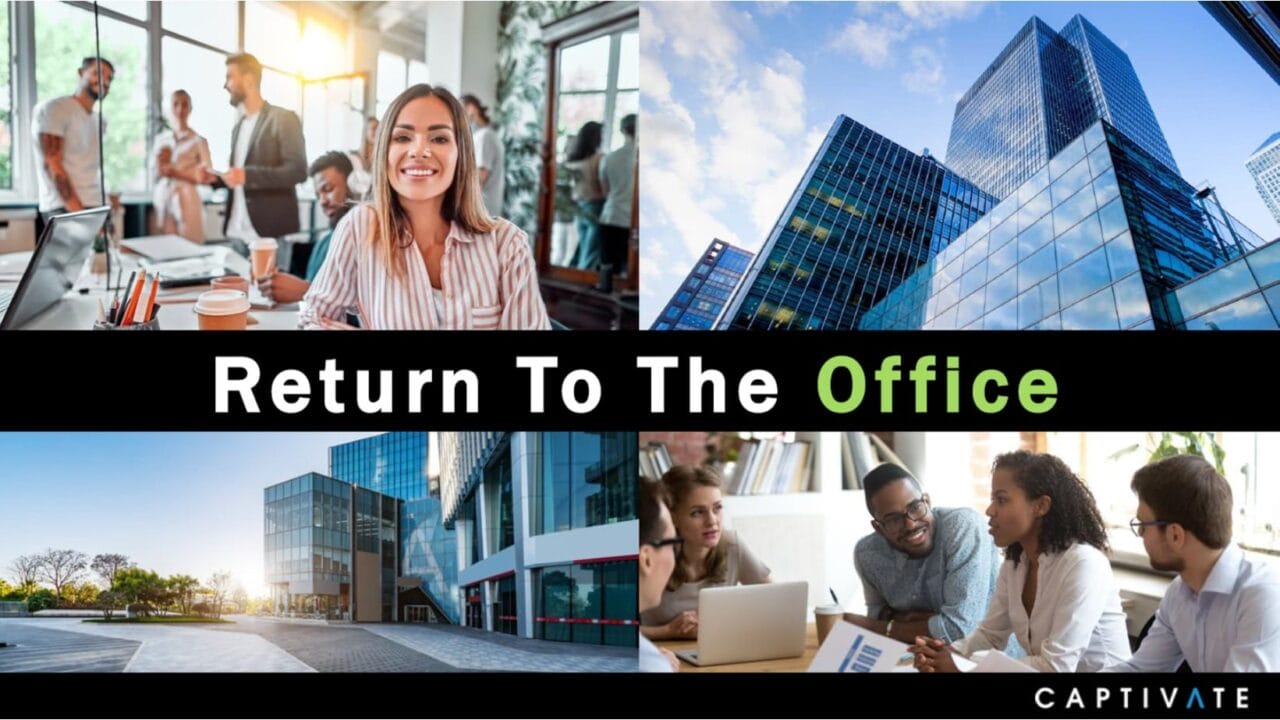 Collage of office settings with employees working, modern buildings, and caption "Return to the Office".
