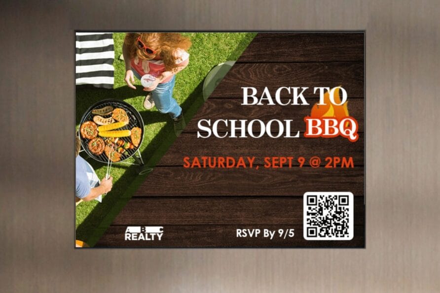 Back to School BBQ flyer with grill, food, and text detailing event date and time with RSVP instructions.