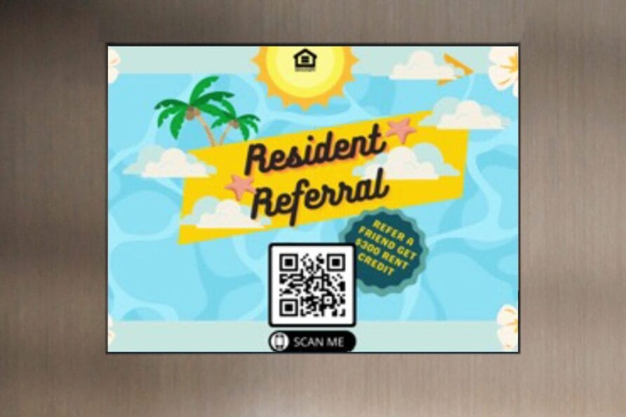 Colorful resident referral flyer with tropical theme, sun, clouds, and palm trees, featuring a QR code for more information.