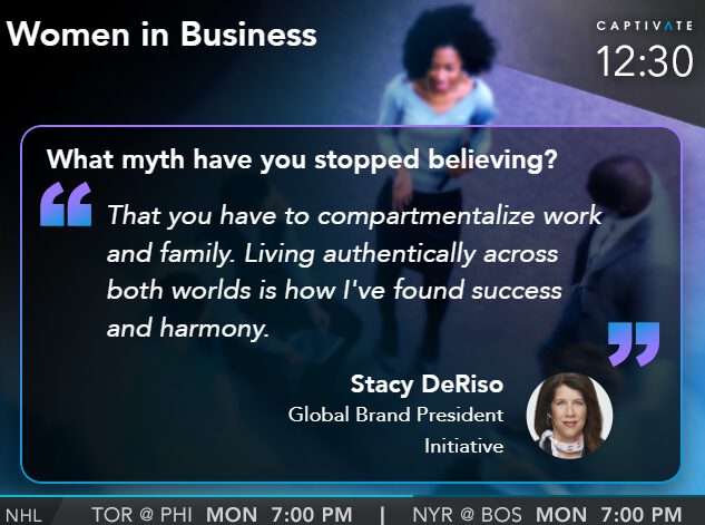 Television screen showing a quote about balancing work and family for success, including a speaker but no discernible face.