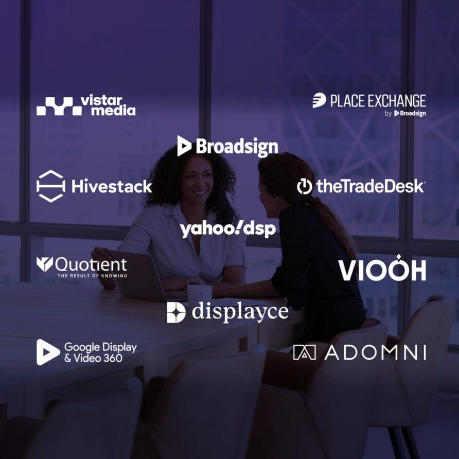 People sitting in a room with logos of various advertising and tech companies overlayed in front.
