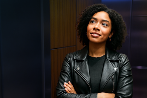 Person in a leather jacket with arms crossed, looking thoughtful and standing against a wooden and dark background.