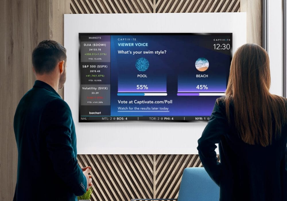 Two people viewing a presentation on a large screen displaying pie charts and survey results in a modern office setting.