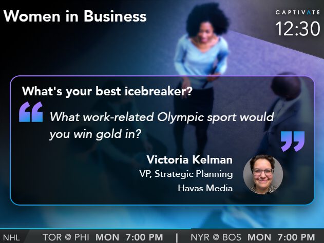 TV screen showing a question and Victoria Kelman's info, with a person standing in the background.