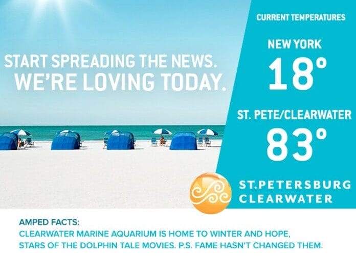 Beach scene with chairs and umbrellas, temperature comparison between New York 18° and St. Pete/Clearwater 83°, aquarium info.