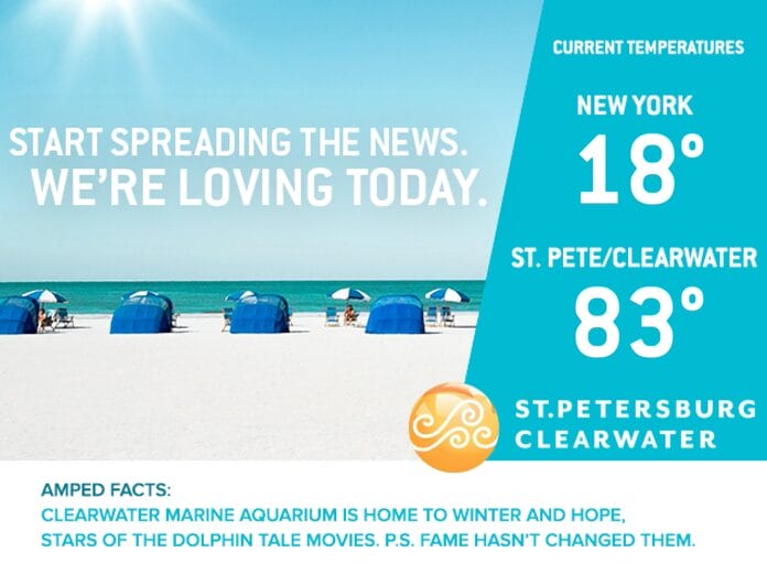 Beach scene with chairs and umbrellas, temperature comparison between New York 18° and St. Pete/Clearwater 83°, aquarium info.