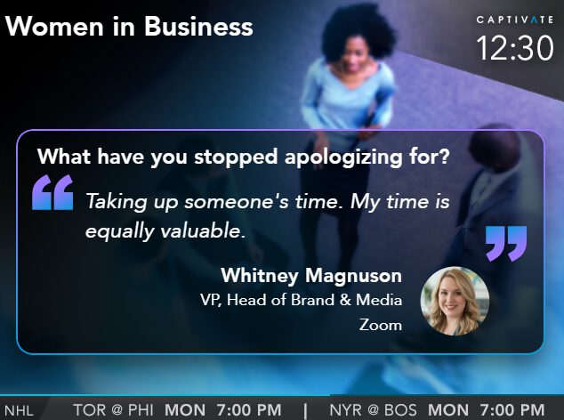 A speaker presenting a question on a board about apologizing and valuing time, with a profile picture shown below.