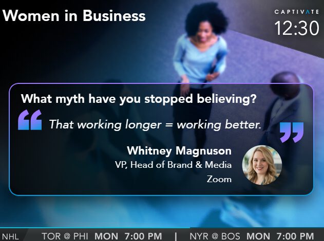 TV screen showing a business interview with a quote from Whitney Magnuson about work myths.