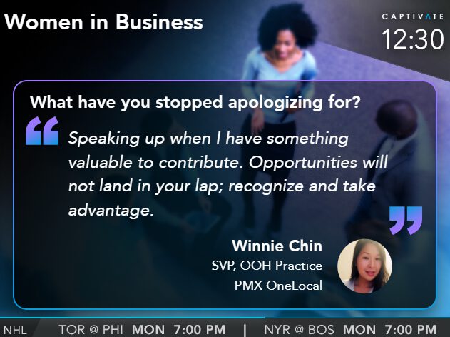 TV screen displaying a business quote about taking opportunities, featuring two women and text overlay.