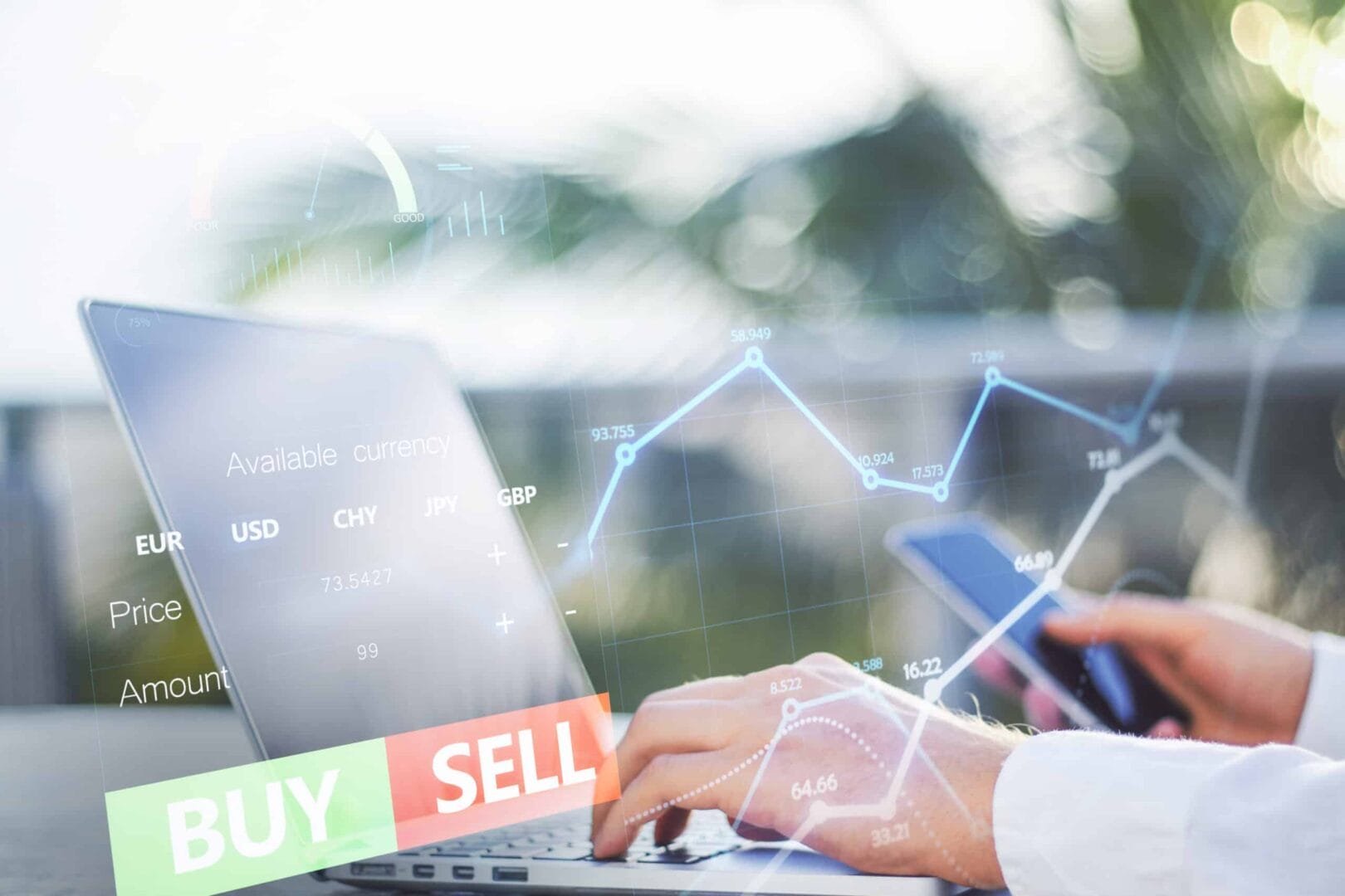 Person using laptop with financial graphs and buy/sell indicators overlaid, signifying stock market analysis.